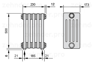 Схема (чертеж) Радиатор Zehnder Charleston 5050/5 №3570 Белый глянцевый RAL 9016